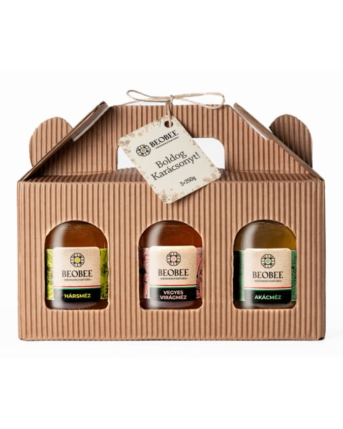 Háromféle prémium mézet tartalmazó ajándékcsomag.